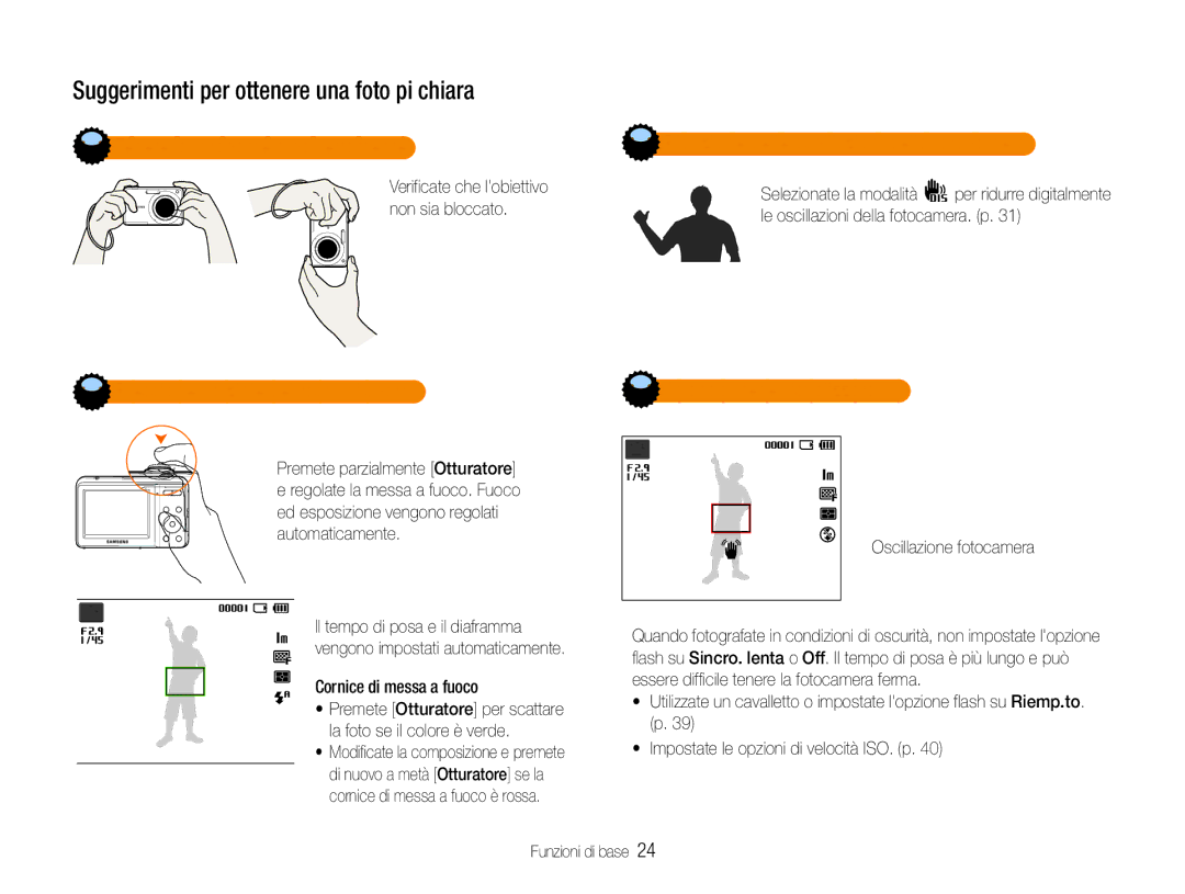 Samsung EC-ES9ZZZBAPE1 Tenete la fotocamera correttamente, Pressione parziale del tasto di scatto, Oscillazione fotocamera 