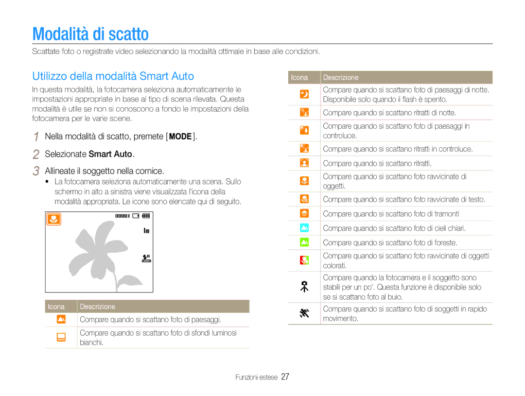 Samsung EC-ES9ZZZBABE1, EC-ES9ZZZBAPE1 manual Modalità di scatto, Utilizzo della modalità Smart Auto, Bianchi 