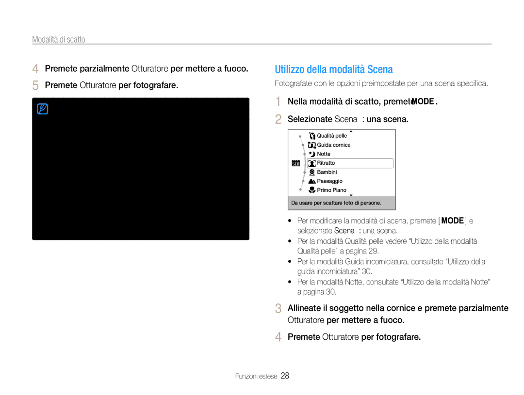 Samsung EC-ES9ZZZBAPE1, EC-ES9ZZZBABE1 manual Utilizzo della modalità Scena, Modalità di scatto 