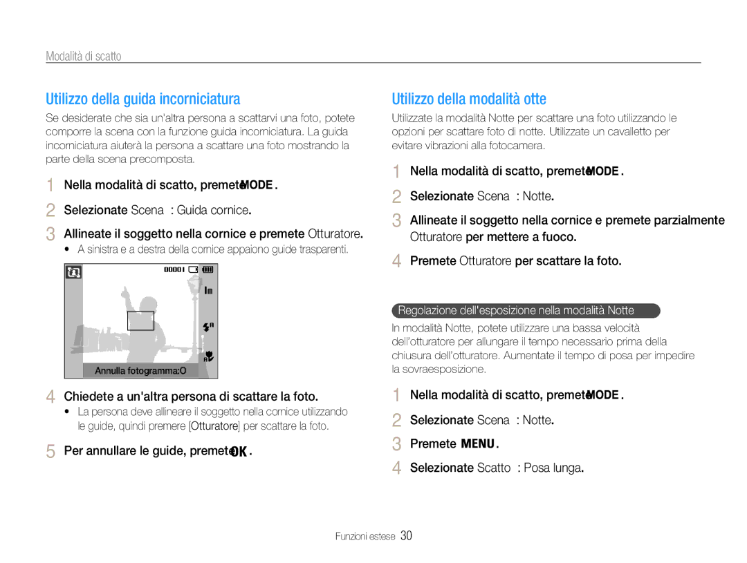 Samsung EC-ES9ZZZBAPE1 manual Utilizzo della guida incorniciatura, Utilizzo della modalità Notte, Selezionate Scena → Notte 