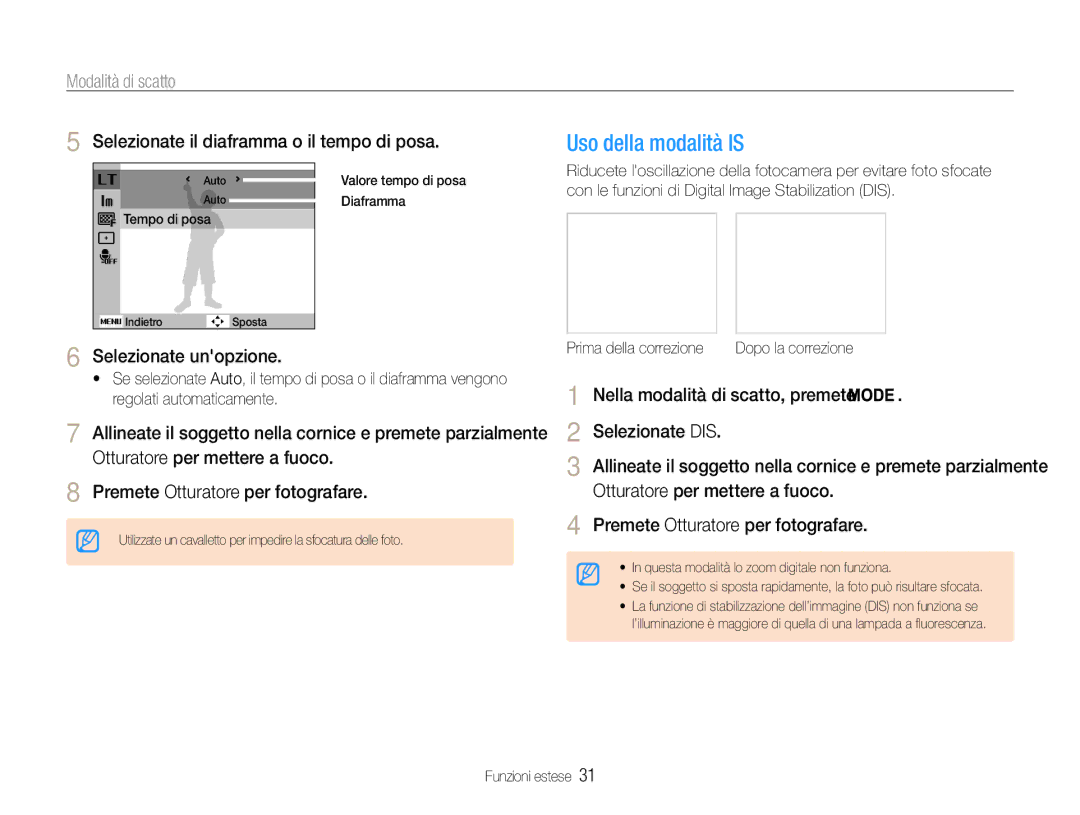 Samsung EC-ES9ZZZBABE1 manual Uso della modalità DIS, Selezionate il diaframma o il tempo di posa, Selezionate unopzione 