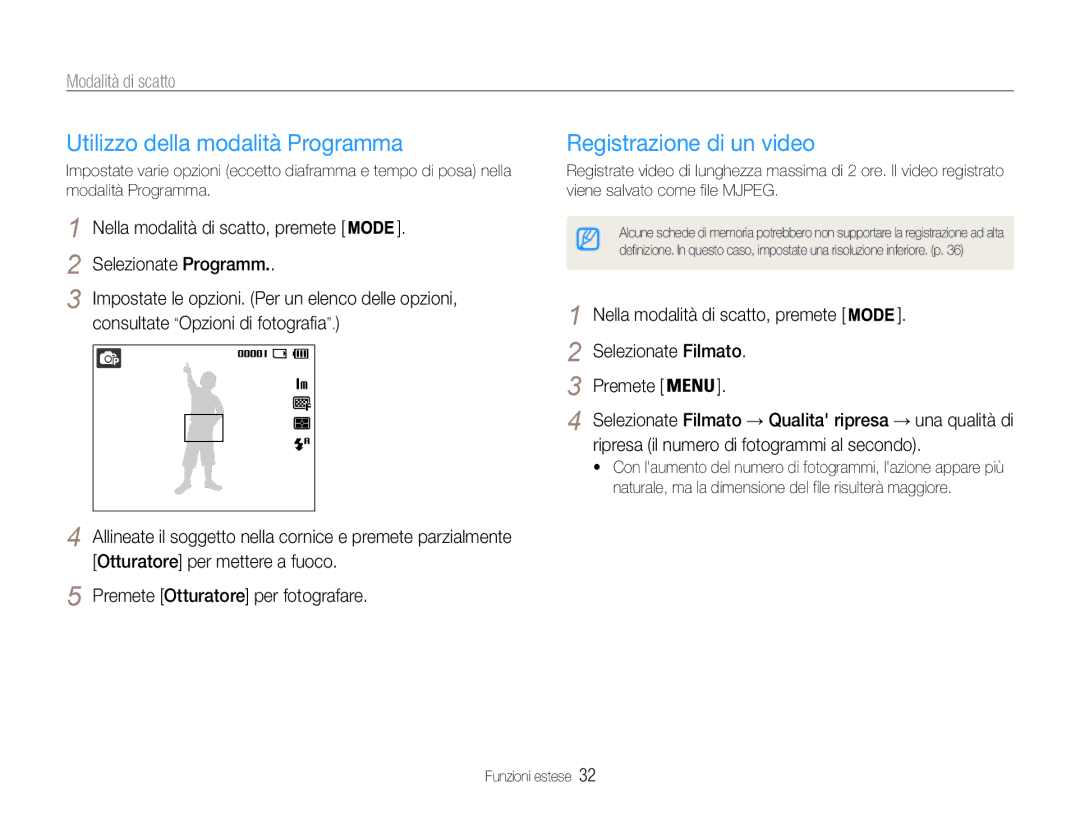 Samsung EC-ES9ZZZBAPE1, EC-ES9ZZZBABE1 manual Utilizzo della modalità Programma, Registrazione di un video 