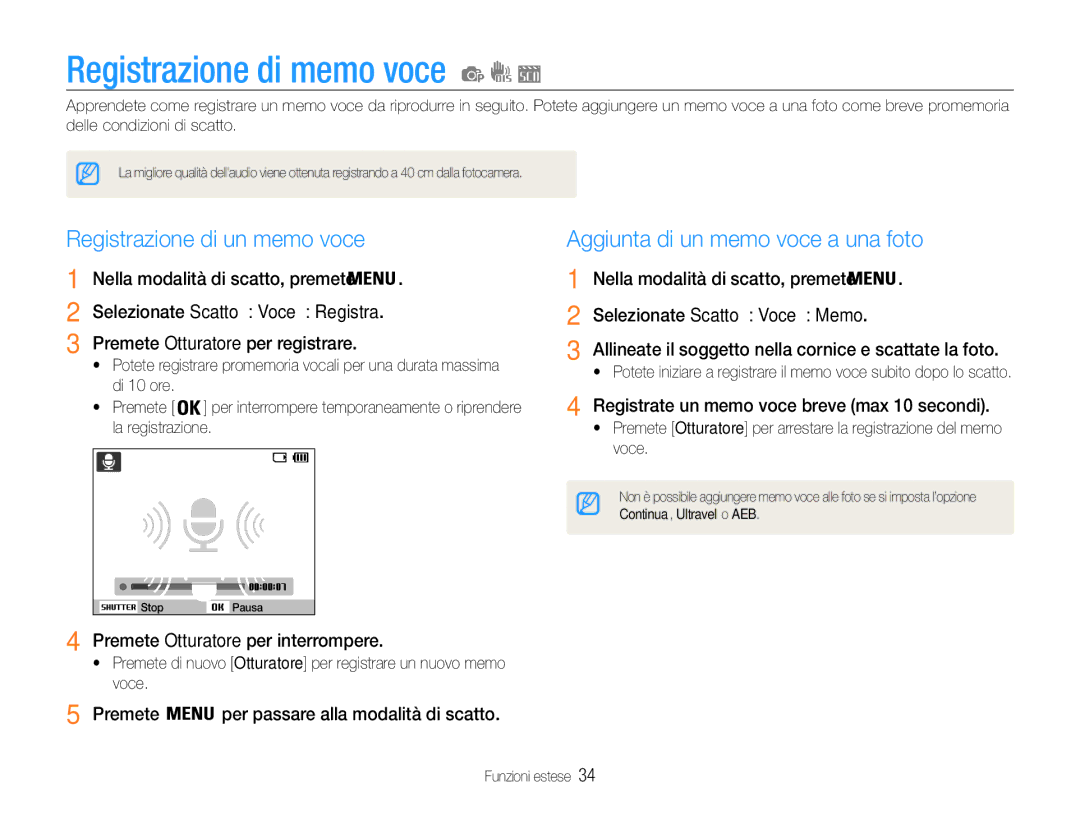 Samsung EC-ES9ZZZBAPE1 Registrazione di memo voce, Registrazione di un memo voce, Aggiunta di un memo voce a una foto 