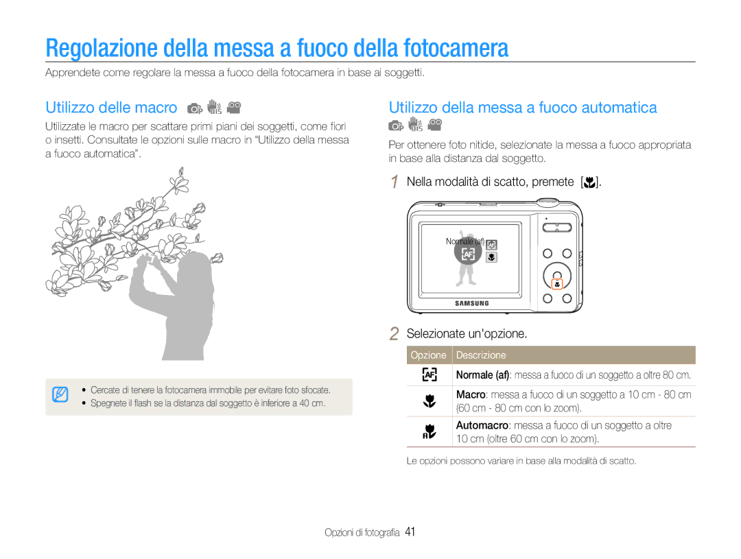Samsung EC-ES9ZZZBABE1, EC-ES9ZZZBAPE1 manual Regolazione della messa a fuoco della fotocamera, Utilizzo delle macro 
