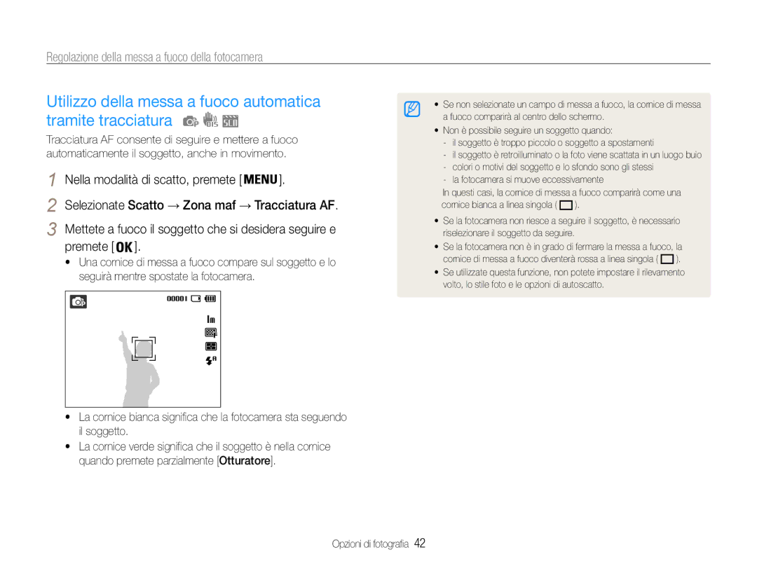 Samsung EC-ES9ZZZBAPE1, EC-ES9ZZZBABE1 manual Utilizzo della messa a fuoco automatica tramite tracciatura 