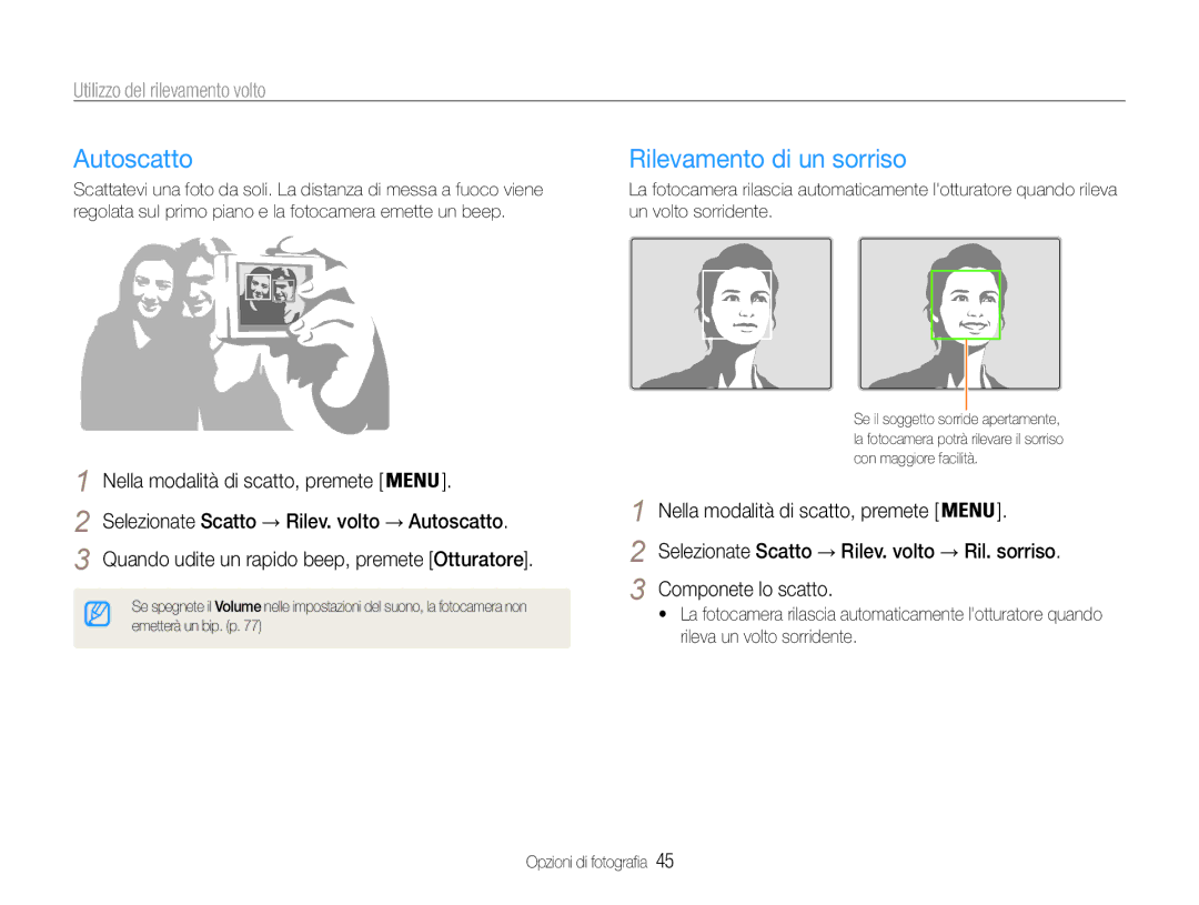 Samsung EC-ES9ZZZBABE1 manual Autoscatto, Rilevamento di un sorriso, Utilizzo del rilevamento volto, Componete lo scatto 