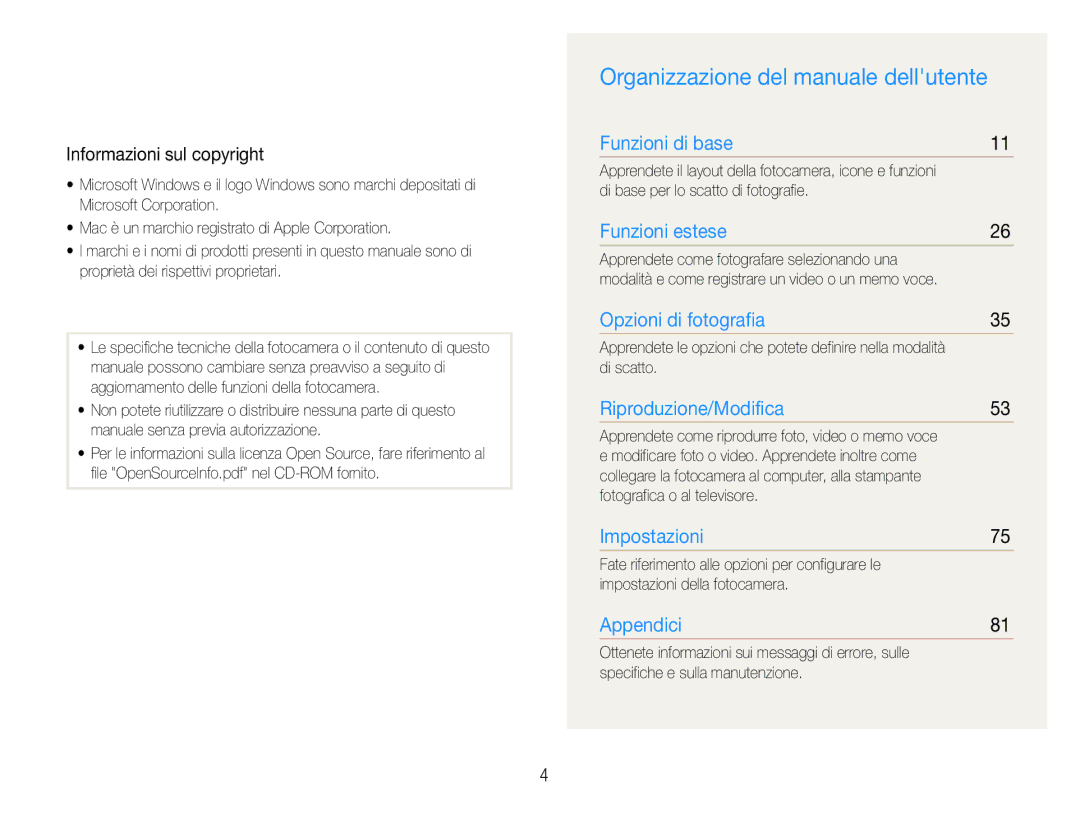 Samsung EC-ES9ZZZBAPE1, EC-ES9ZZZBABE1 Organizzazione del manuale dellutente, Informazioni sul copyright 