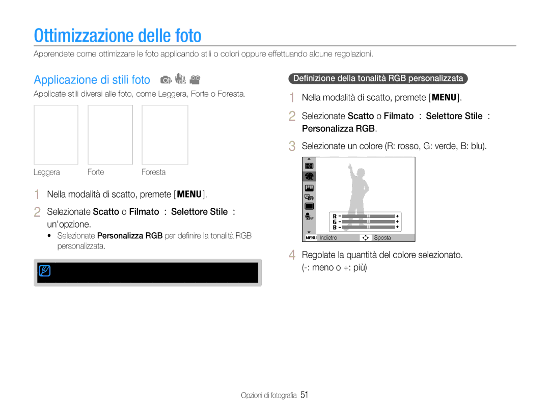 Samsung EC-ES9ZZZBABE1, EC-ES9ZZZBAPE1 manual Ottimizzazione delle foto, Applicazione di stili foto 