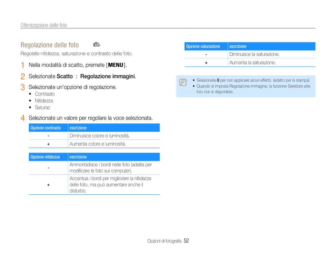 Samsung EC-ES9ZZZBAPE1, EC-ES9ZZZBABE1 manual Regolazione delle foto, Ottimizzazione delle foto 