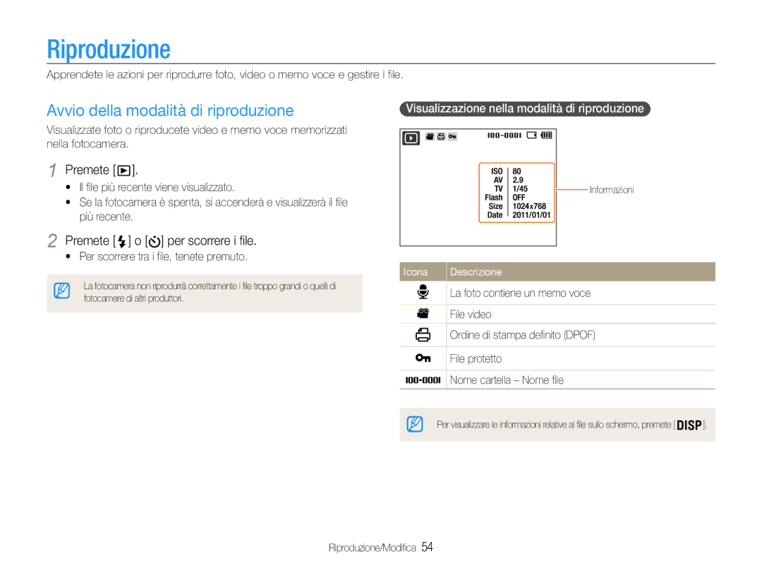 Samsung EC-ES9ZZZBAPE1, EC-ES9ZZZBABE1 Riproduzione, Avvio della modalità di riproduzione, Premete o per scorrere i file 