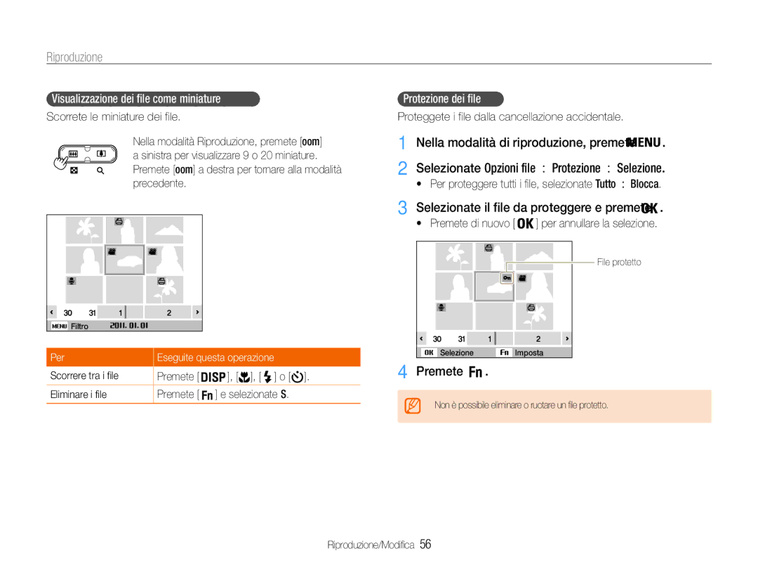 Samsung EC-ES9ZZZBAPE1 manual Visualizzazione dei file come miniature, Protezione dei file, Per Eseguite questa operazione 