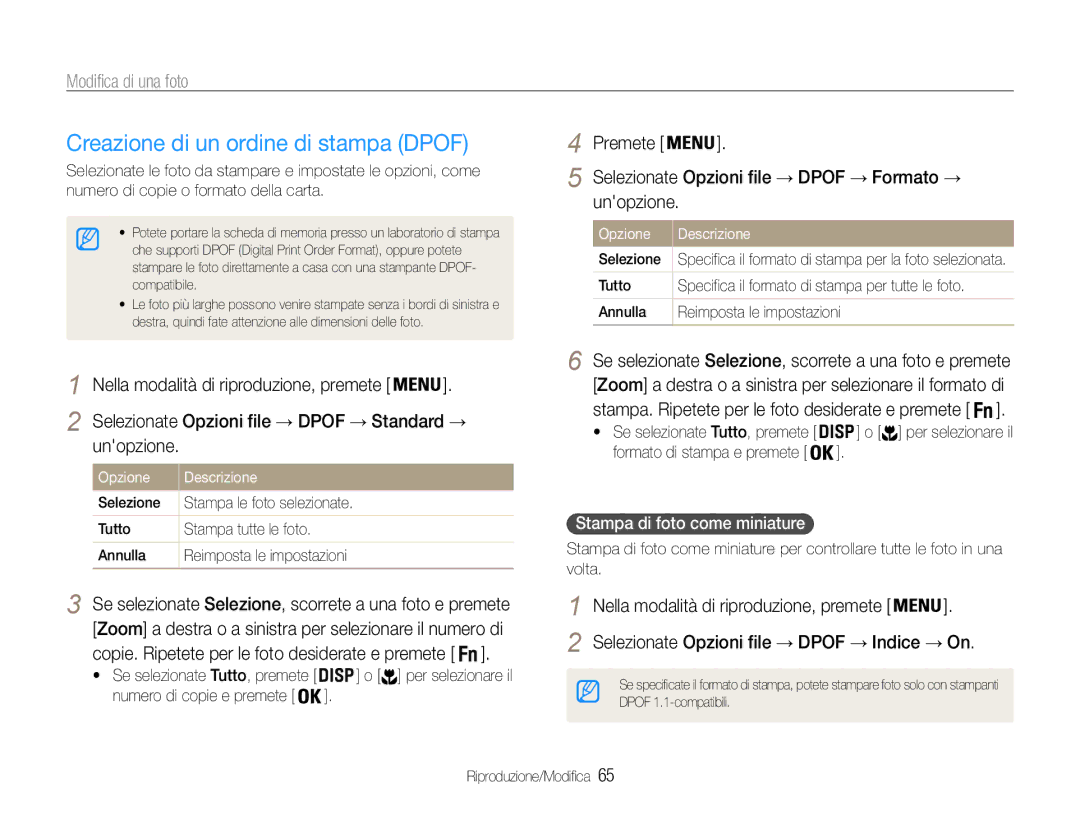 Samsung EC-ES9ZZZBABE1, EC-ES9ZZZBAPE1 Creazione di un ordine di stampa Dpof, Selezionate Opzioni file → Dpof → Standard → 