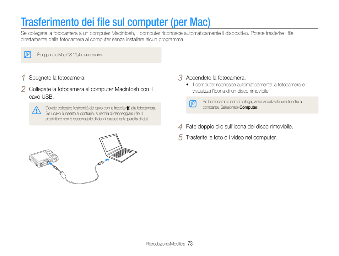 Samsung EC-ES9ZZZBABE1, EC-ES9ZZZBAPE1 manual Trasferimento dei file sul computer per Mac, Cavo USB 