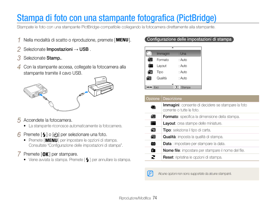 Samsung EC-ES9ZZZBAPE1 manual Stampa di foto con una stampante fotografica PictBridge, Premete o per selezionare una foto 