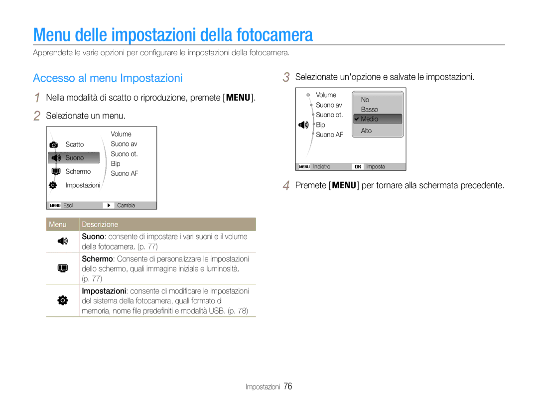 Samsung EC-ES9ZZZBAPE1 manual Menu delle impostazioni della fotocamera, Accesso al menu Impostazioni, Menu Descrizione 