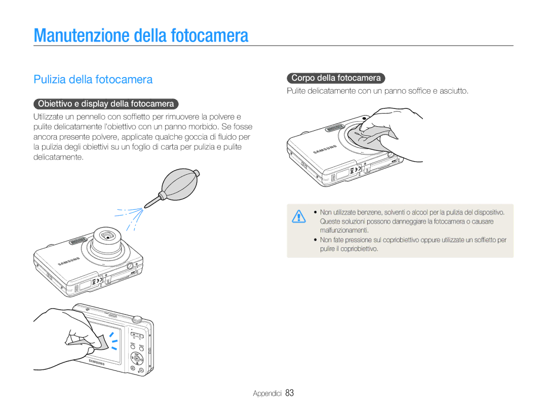 Samsung EC-ES9ZZZBABE1 manual Manutenzione della fotocamera, Pulizia della fotocamera, Obiettivo e display della fotocamera 