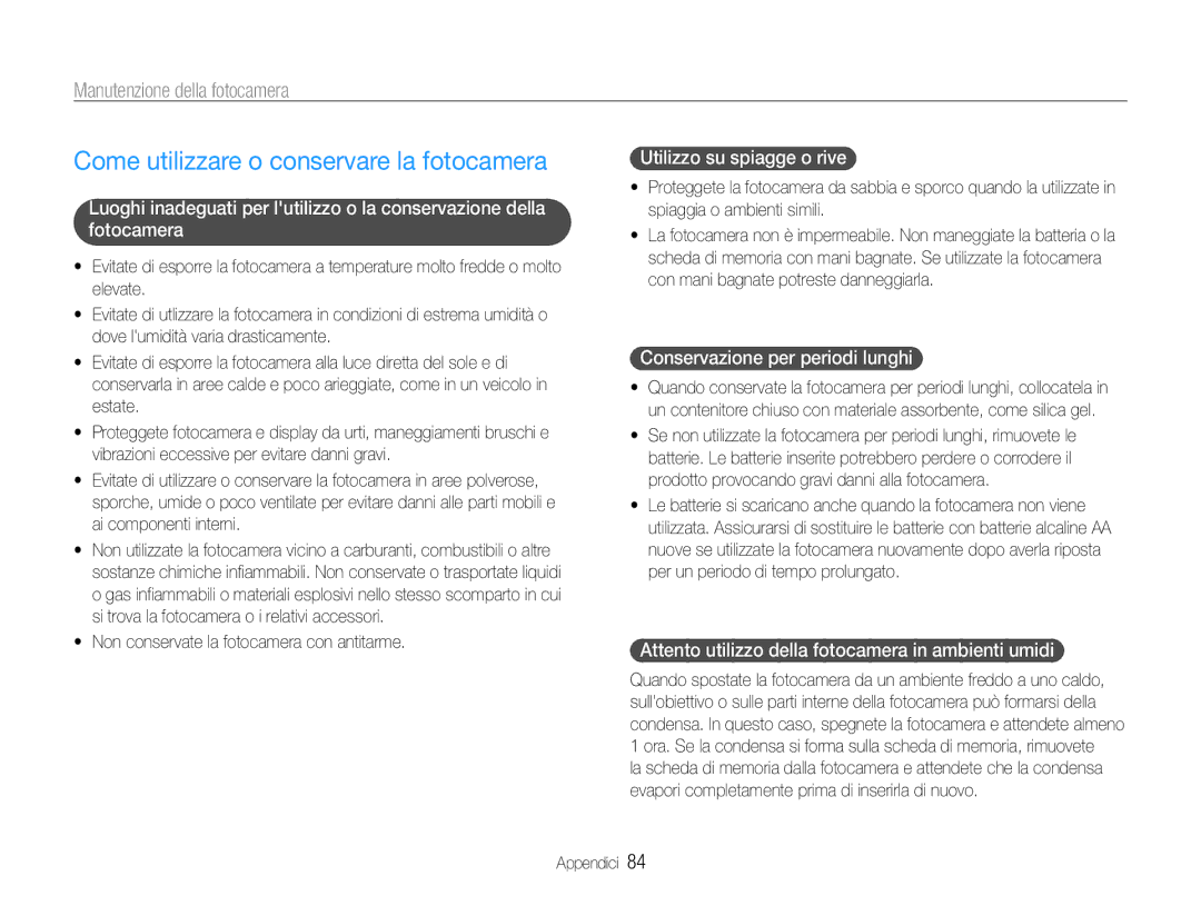 Samsung EC-ES9ZZZBAPE1, EC-ES9ZZZBABE1 manual Come utilizzare o conservare la fotocamera, Manutenzione della fotocamera 