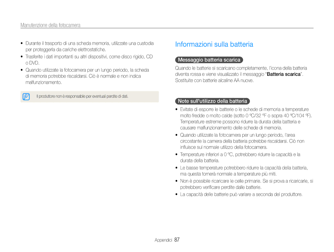 Samsung EC-ES9ZZZBABE1, EC-ES9ZZZBAPE1 manual Informazioni sulla batteria, Messaggio batteria scarica 