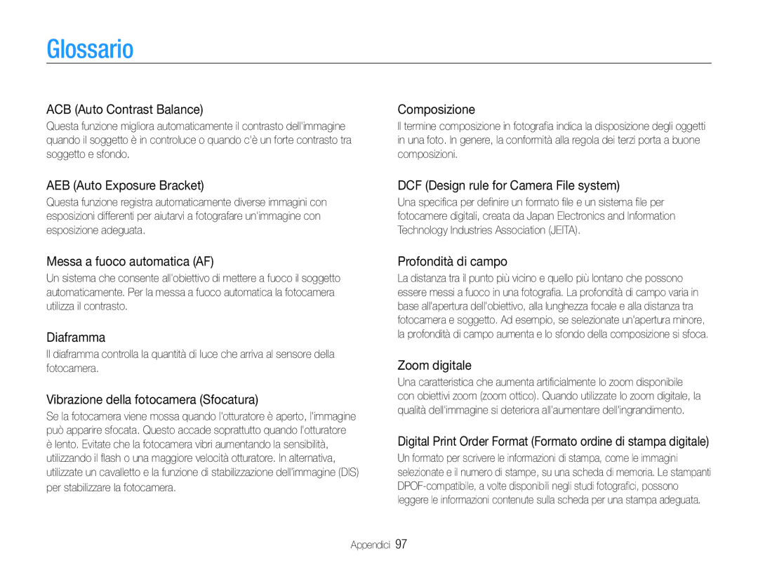 Samsung EC-ES9ZZZBABE1, EC-ES9ZZZBAPE1 manual Glossario 