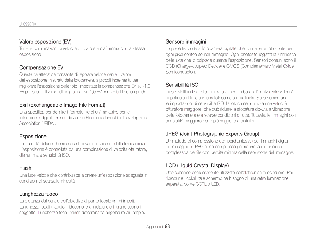 Samsung EC-ES9ZZZBAPE1, EC-ES9ZZZBABE1 manual Glossario 