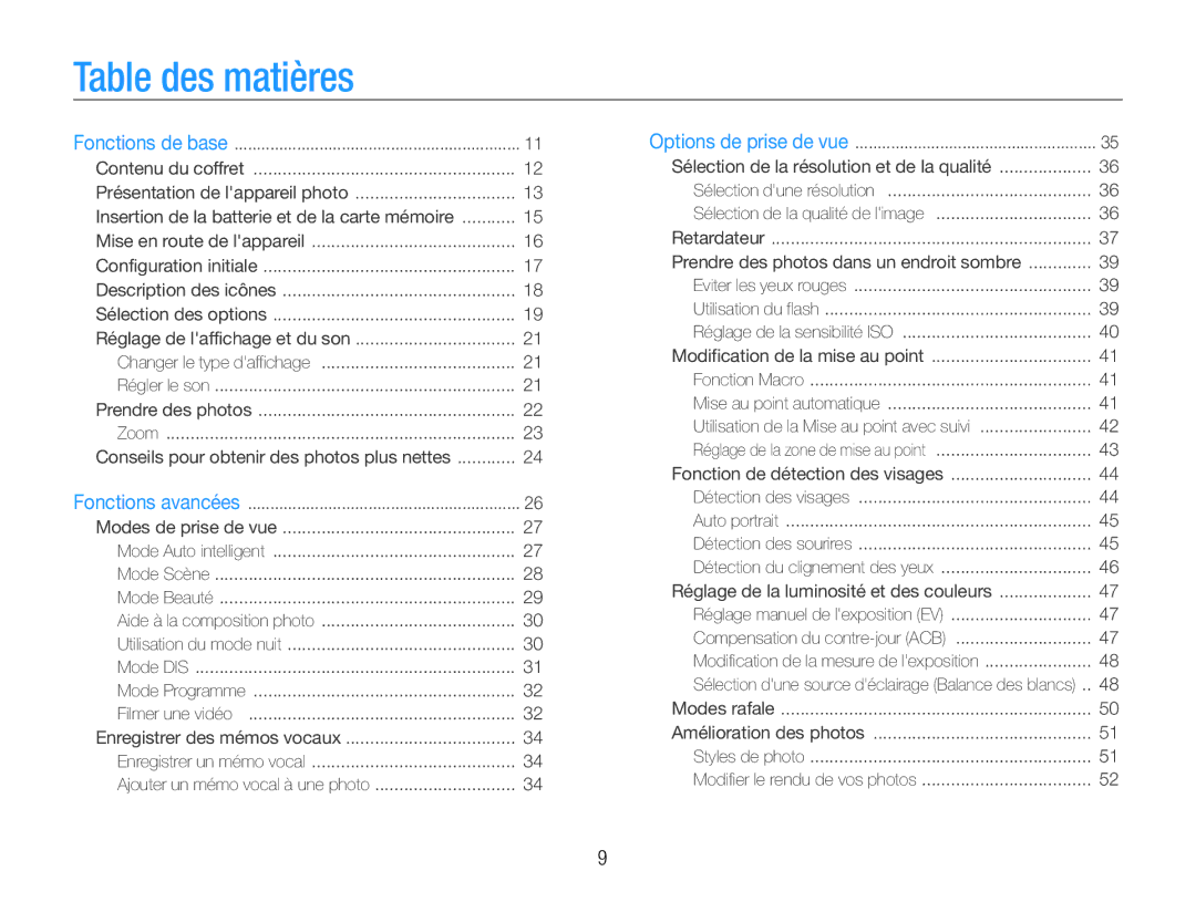 Samsung EC-ES9ZZZBABE1 manual Table des matières, Conseils pour obtenir des photos plus nettes 