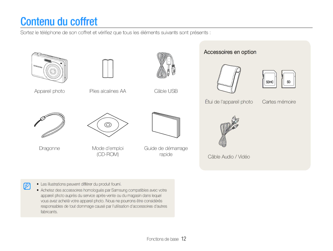 Samsung EC-ES9ZZZBABE1 manual Contenu du coffret, Accessoires en option 