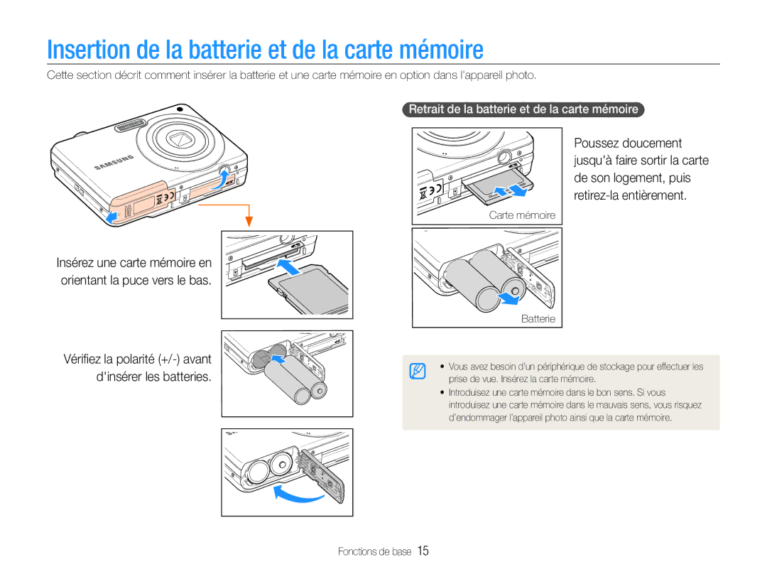 Samsung EC-ES9ZZZBABE1 Insertion de la batterie et de la carte mémoire, Retrait de la batterie et de la carte mémoire 