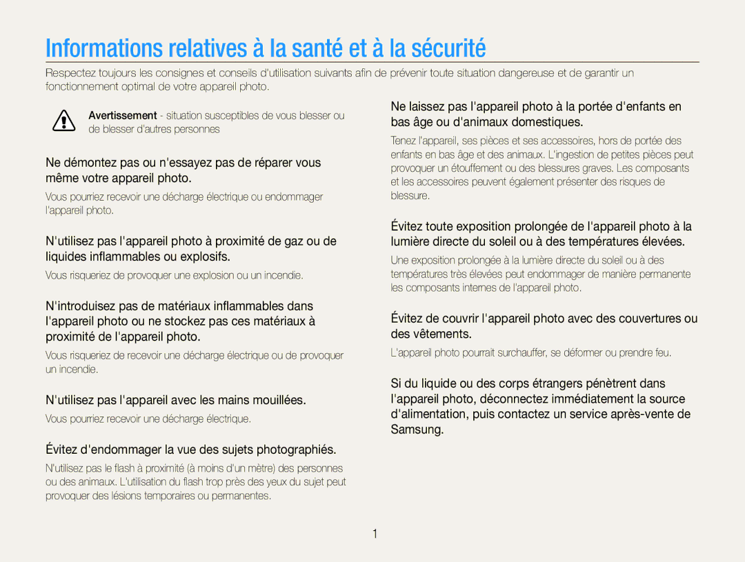 Samsung EC-ES9ZZZBABE1 Informations relatives à la santé et à la sécurité, Vous pourriez recevoir une décharge électrique 