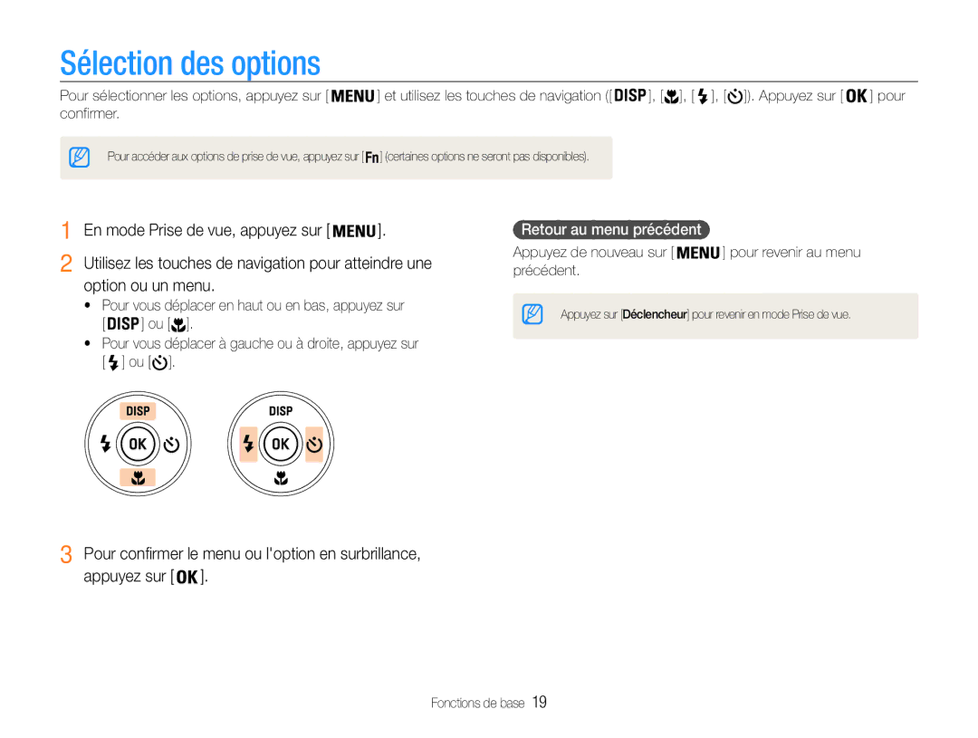 Samsung EC-ES9ZZZBABE1 Option ou un menu, Pour confirmer le menu ou loption en surbrillance, Retour au menu précédent 