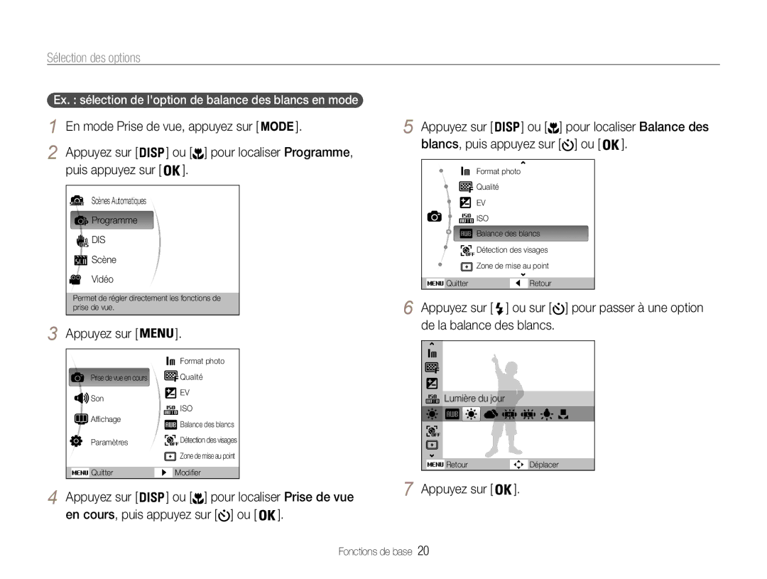 Samsung EC-ES9ZZZBABE1 manual Sélection des options, Appuyez sur, Ex. sélection de loption de balance des blancs en mode 