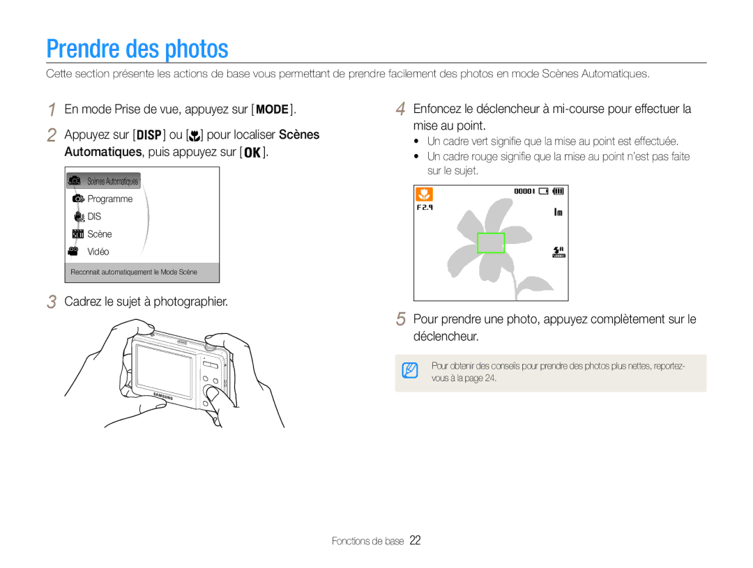 Samsung EC-ES9ZZZBABE1 manual Prendre des photos, Ou pour localiser Scènes 