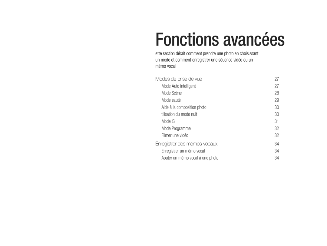 Samsung EC-ES9ZZZBABE1 manual Fonctions avancées 