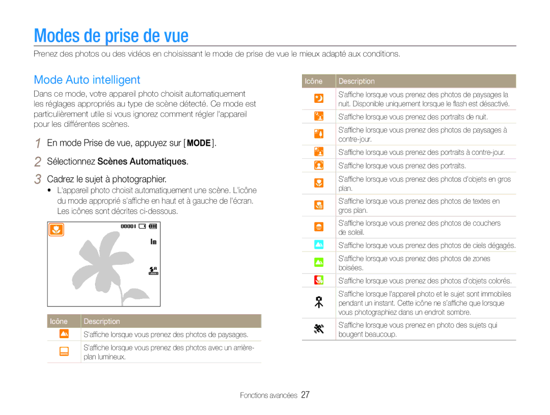 Samsung EC-ES9ZZZBABE1 manual Modes de prise de vue, Mode Auto intelligent 