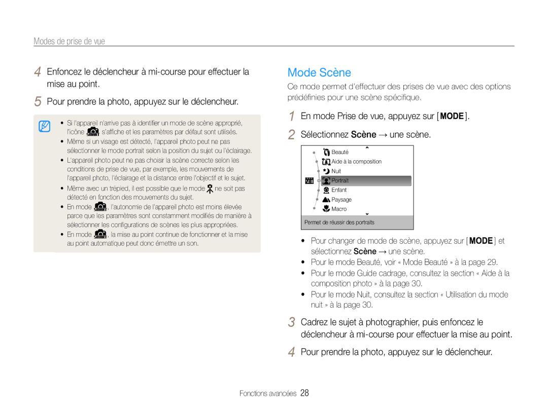 Samsung EC-ES9ZZZBABE1 manual Mode Scène, Modes de prise de vue, Sélectionnez Scène → une scène 