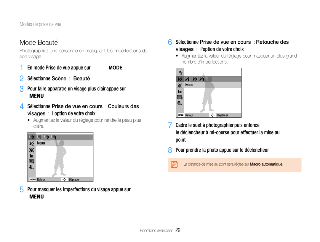 Samsung EC-ES9ZZZBABE1 manual Mode Beauté, Pour masquer les imperfections du visage, appuyez sur 