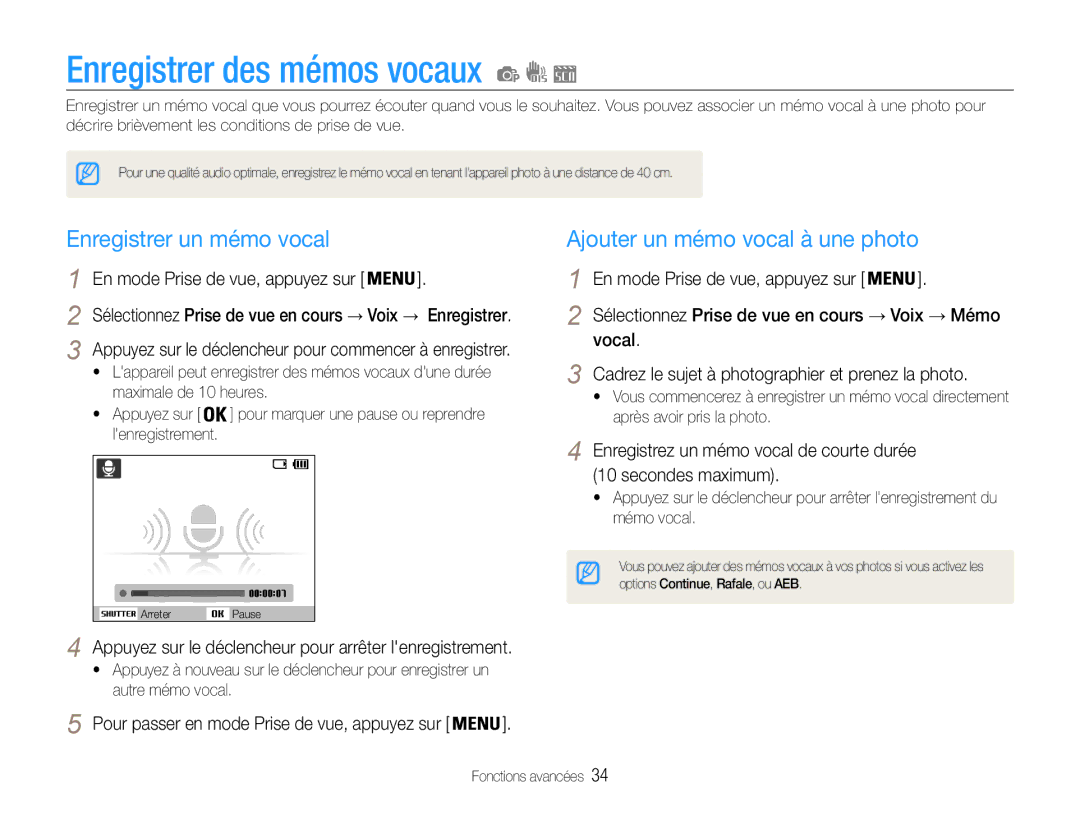 Samsung EC-ES9ZZZBABE1 manual Enregistrer des mémos vocaux, Enregistrer un mémo vocal, Ajouter un mémo vocal à une photo 