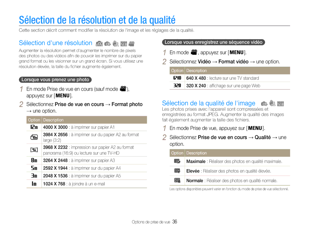 Samsung EC-ES9ZZZBABE1 manual Sélection de la résolution et de la qualité, Sélection dune résolution, En mode , appuyez sur 