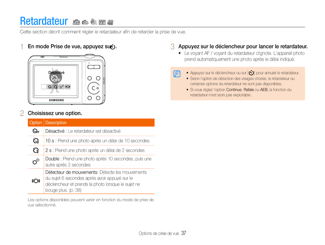 Samsung EC-ES9ZZZBABE1 manual Retardateur, Appuyez sur le déclencheur pour lancer le retardateur 