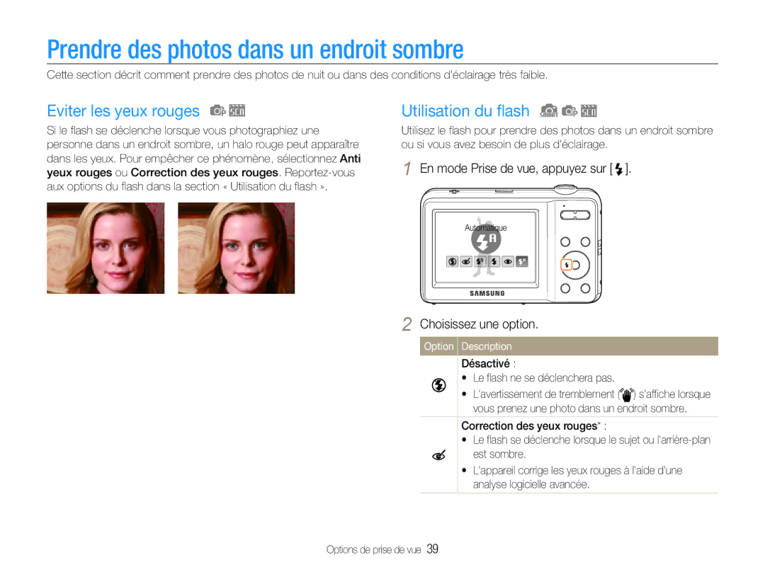 Samsung EC-ES9ZZZBABE1 manual Prendre des photos dans un endroit sombre, Eviter les yeux rouges, Utilisation du flash 