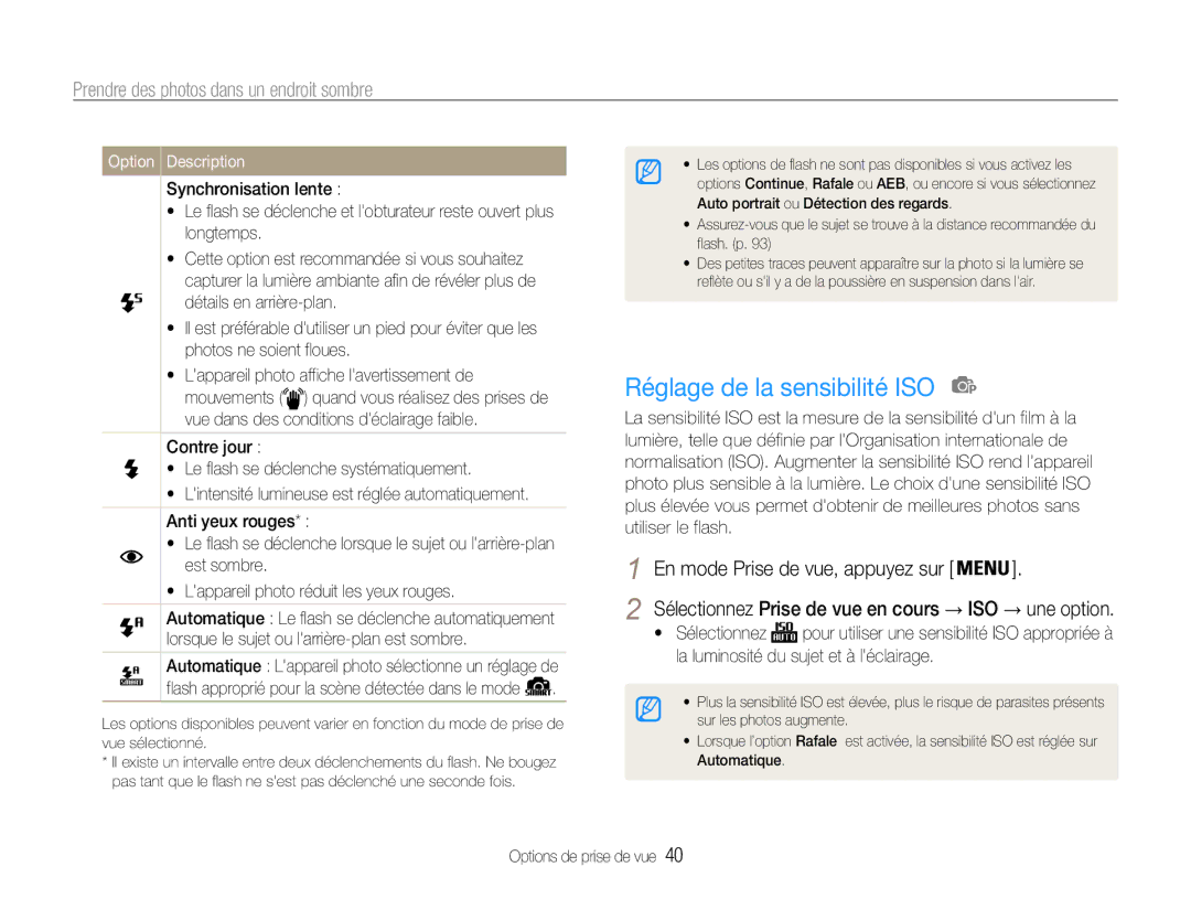 Samsung EC-ES9ZZZBABE1 manual Réglage de la sensibilité ISO, Prendre des photos dans un endroit sombre 