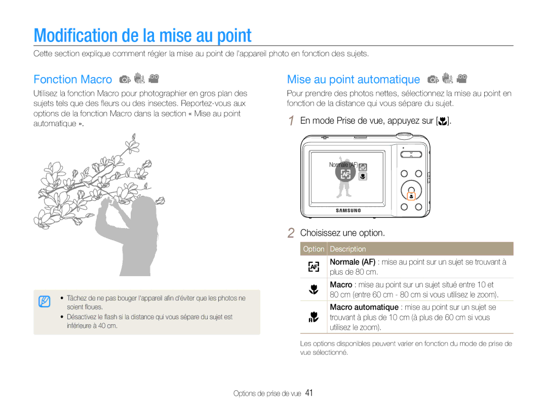 Samsung EC-ES9ZZZBABE1 manual Modification de la mise au point, Fonction Macro, Mise au point automatique 