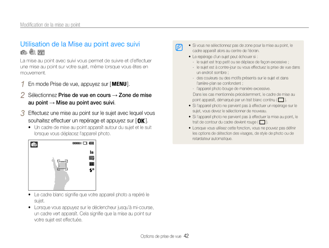 Samsung EC-ES9ZZZBABE1 manual Utilisation de la Mise au point avec suivi, Modification de la mise au point 