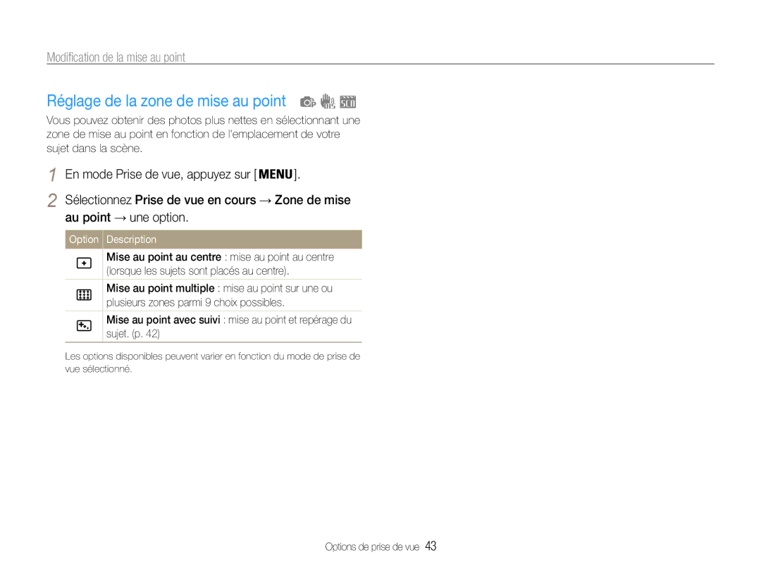 Samsung EC-ES9ZZZBABE1 manual Réglage de la zone de mise au point, Au point → une option 