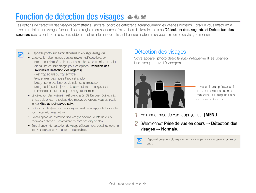 Samsung EC-ES9ZZZBABE1 manual Fonction de détection des visages, Détection des visages, Visages → Normale 