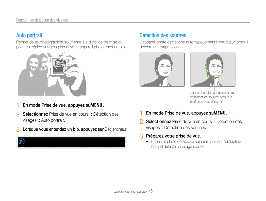 Samsung EC-ES9ZZZBABE1 manual Détection des sourires, Fonction de détection des visages, Visages → Auto portrait 