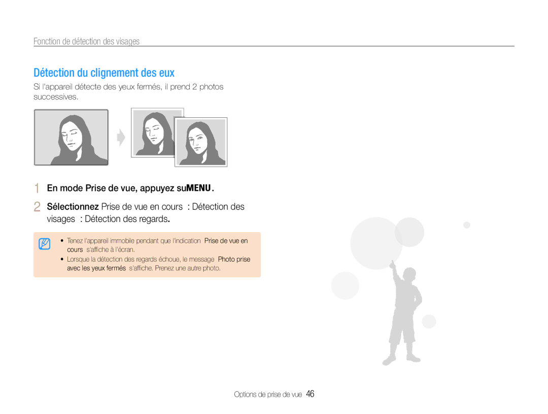 Samsung EC-ES9ZZZBABE1 manual Détection du clignement des yeux, Visages → Détection des regards 