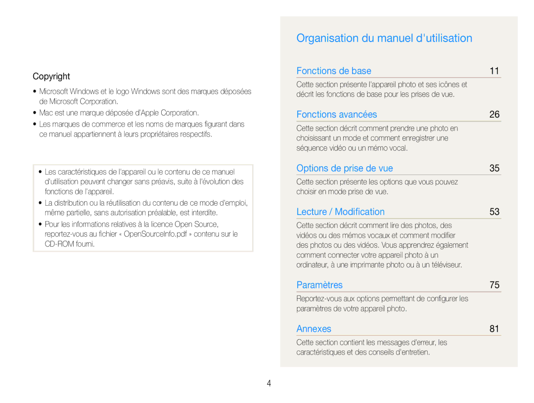 Samsung EC-ES9ZZZBABE1 manual Organisation du manuel dutilisation, Copyright 