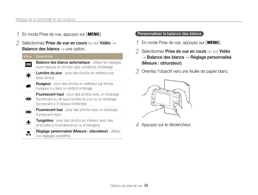 Samsung EC-ES9ZZZBABE1 manual Balance des blancs → une option, Personnaliser la balance des blancs 