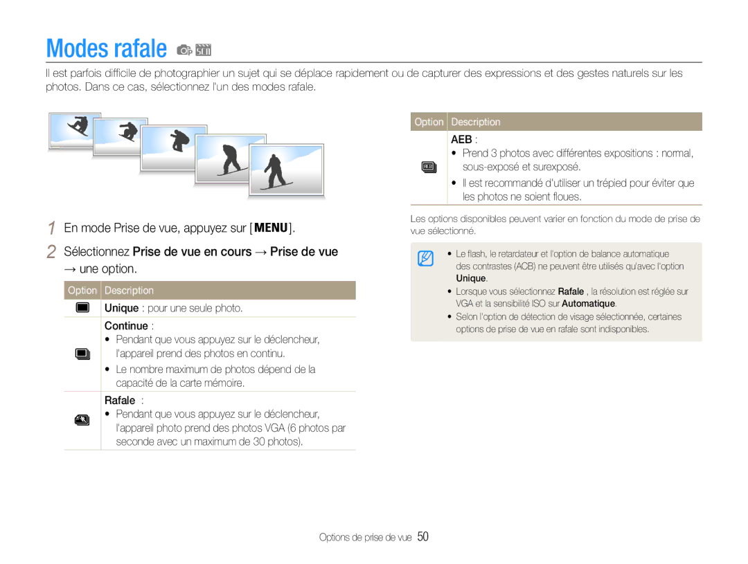 Samsung EC-ES9ZZZBABE1 manual Modes rafale, → une option 