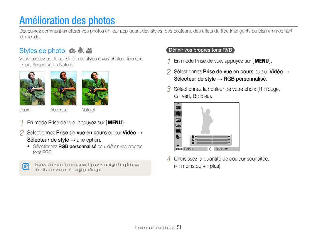 Samsung EC-ES9ZZZBABE1 manual Amélioration des photos, Styles de photo, Sélecteur de style → une option 